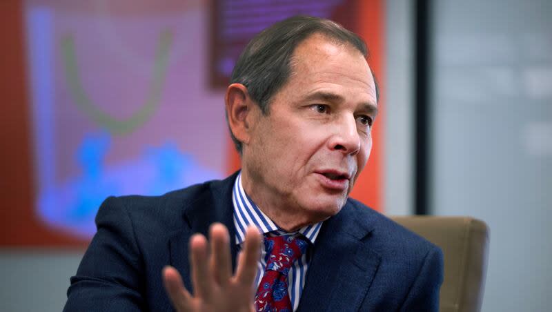 U.S. Senate candidate and 3rd District Rep. John Curtis speaks during a Deseret News Editorial Board meeting at the Deseret News office in Salt Lake City on Wednesday, April 24, 2024.