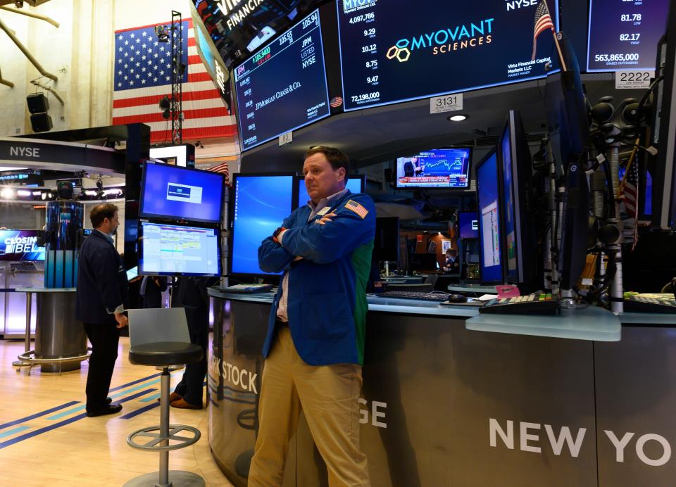 Traders on the floor of the New York Stock Exchange May 31,2019 in New York. - Wall Street stocks closed out a downcast May on an especially negative note on Friday, falling hard after President Donald Trump announced new tariff measures on Mexico. Major indices were in the red the entire session after Trump unveiled his latest trade broadside on Twitter Thursday night, vowing a string of gradual tariff increases to pressure Mexico into cracking down on illegal immigration into the United States. (Photo by Don Emmert / AFP)        (Photo credit should read DON EMMERT/AFP/Getty Images)