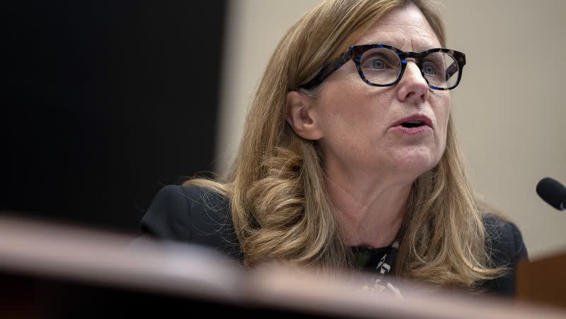 University of Pennsylvania President Liz Magill reads her opening statement during a hearing of the House Committee on Education on Capitol Hill, Tuesday, Dec. 5, 2023 in Washington.