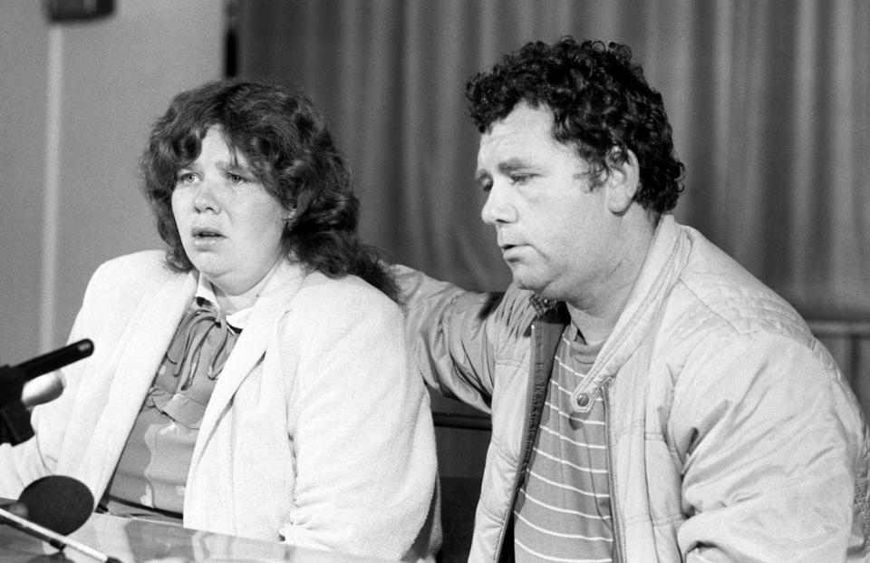 Karen’s parents Michelle and Lee Hadaway at a press conference after the bodies were discovered (PA)