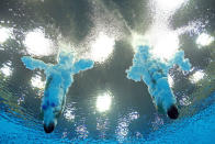 LONDON, ENGLAND - JULY 31: Paola Espinosa Sanchez and Alejandra Orozco Loza of Mexico compete in the Women's Synchronised 10m Platform Diving on Day 4 of the London 2012 Olympic Games at the Aquatics Centre on July 31, 2012 in London, England. (Photo by Al Bello/Getty Images)