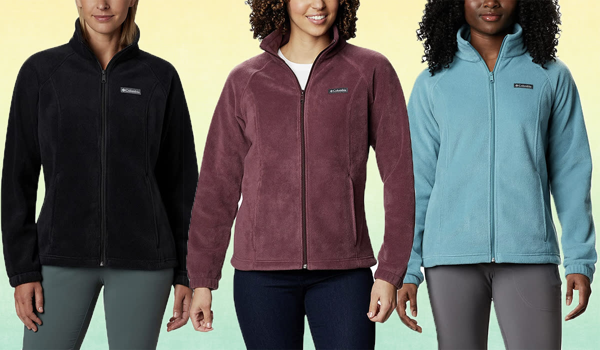 Three images of people wearing the fleece in black, wine, and teal.