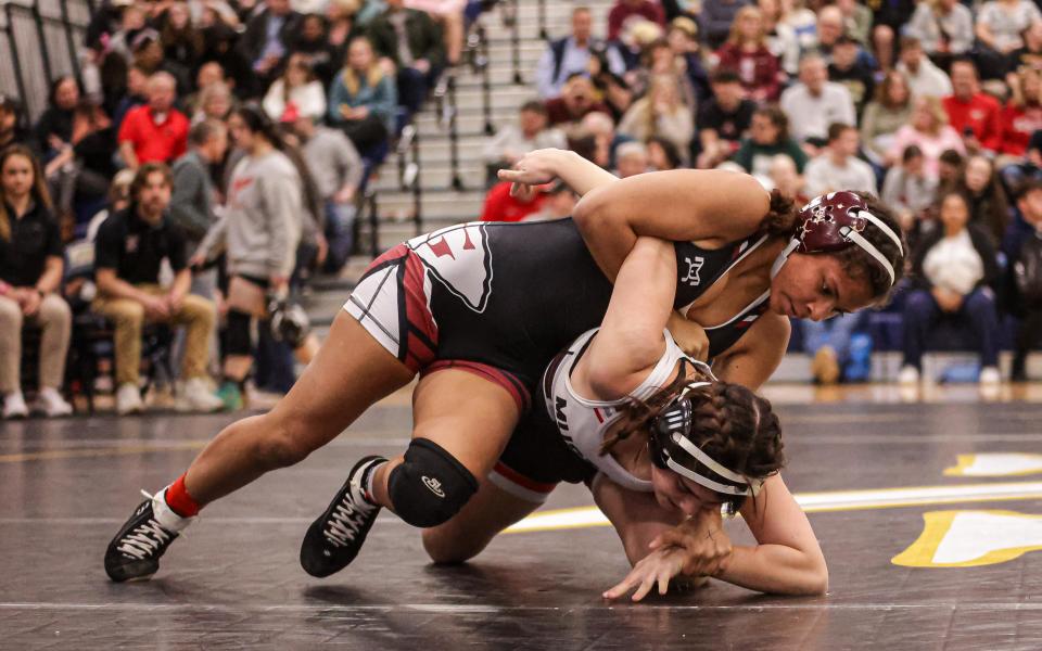 Zalika Roberts (Gettysburg) wrestles Adrianna Gonzalez (South western) in the 130 lb. quarterfinals. The District 3 girls' wrestling Southeast Regional Championships were held on Saturday, March 2, 2024, at Penn Manor High School.