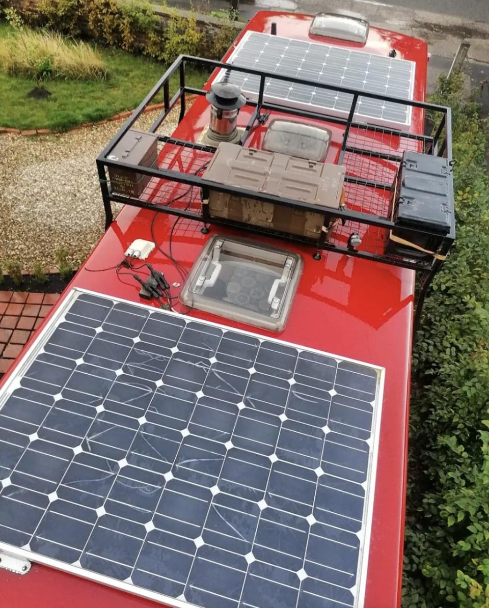 Solar panels on the roof of the Firetruck Family's converted van.