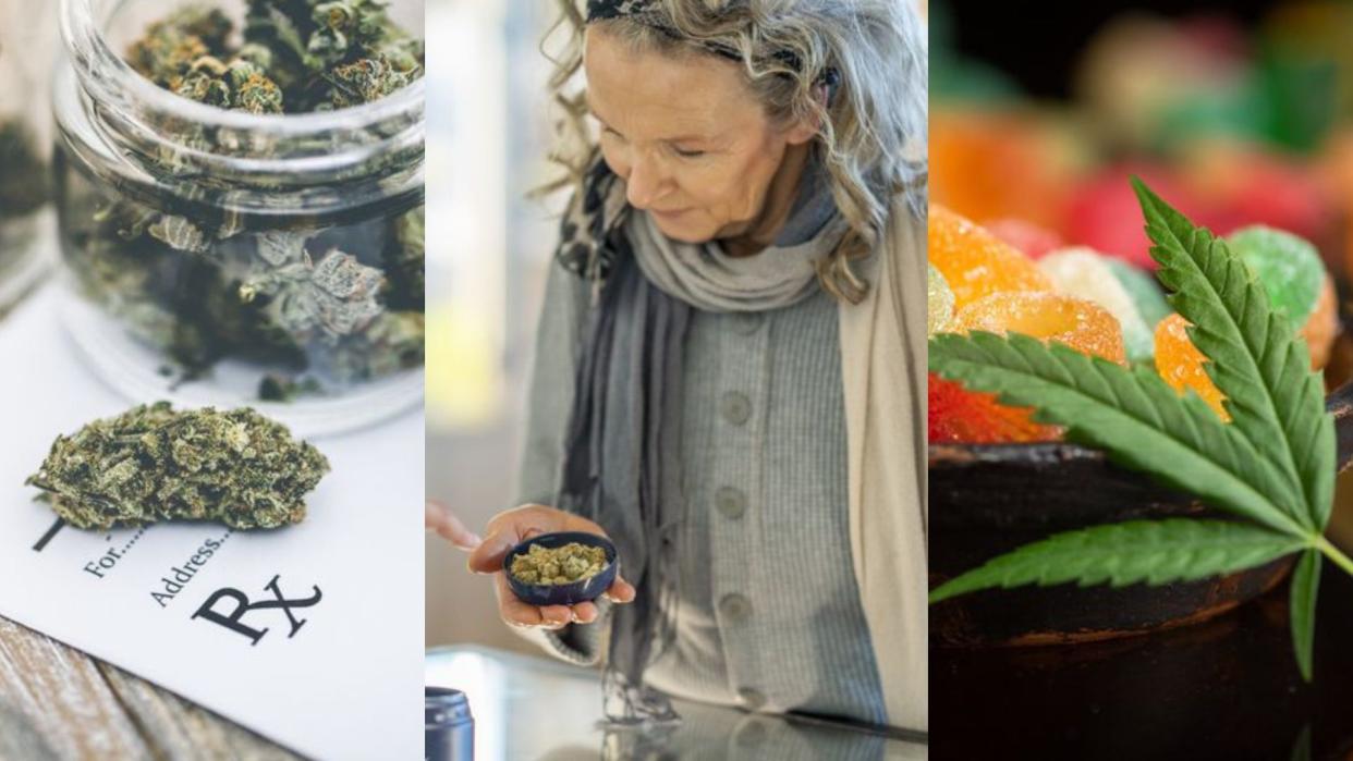 An image of cannabis prescription, an older woman buying cannabis, and cannabis gummies