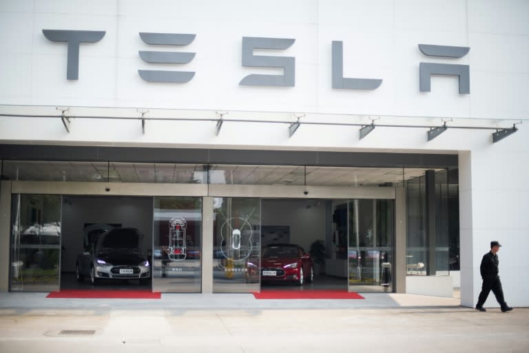 Tesla Model S cars at a showroom in Shanghai