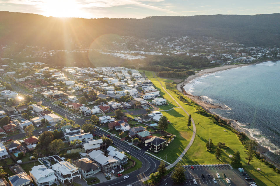 An aerial view of a seaside suburb in regional Australia.