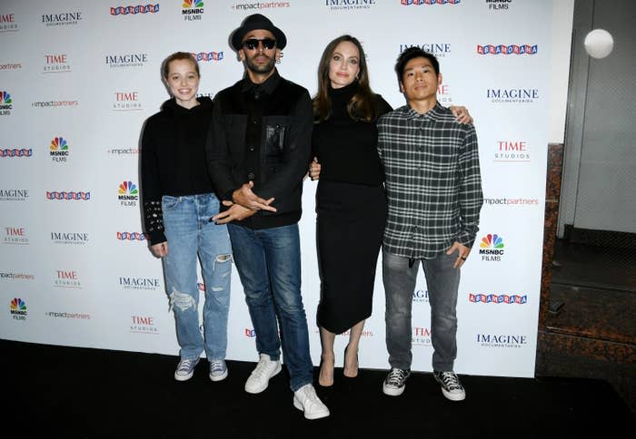 The event, which took place at the city's Museum of Tolerance, celebrated the debut of Paper & Glue: A JR Project. The MSNBC Films documentary focuses on works created by the French street artist known as JR, who posed beside Angelina, Shiloh, and Pax at the premiere.