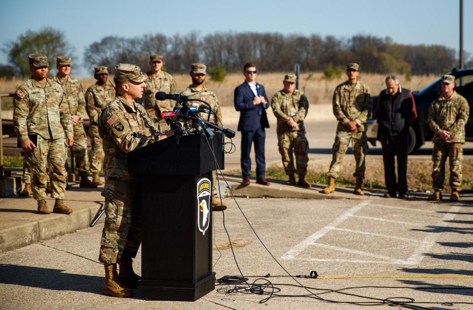 Brigadier General John Lubas address the press in regards to the Black Hawk crash that occurred early in the morning outside of Fort Campbell in Christian County, KY on Mar. 30, 2023. Soldiers were conducting a training mission when they crashed leaving nine dead.