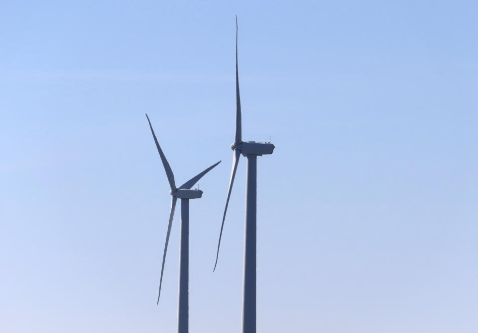 Land-based wind turbines spin in Atlantic City. N.J. on Nov. 3, 2023. On Monday, Nov. 20, offshore wind company Attentive Energy said it will invest $10.6 million in supply chain and ocean technology innovation projects in New Jersey. (AP Photo/Wayne Parry)