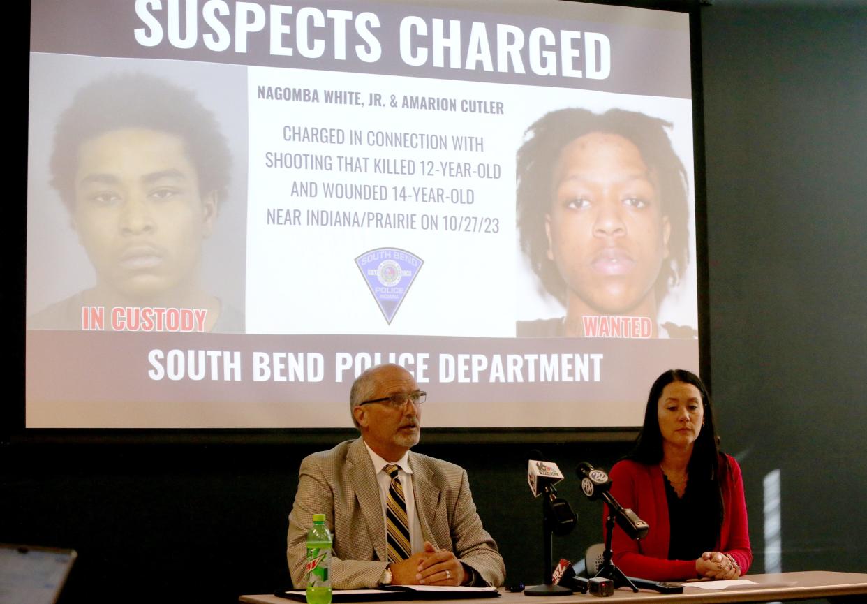 St. Joseph County Prosecutor Ken Cotter and Lt. Kayla Miller with the South Bend Police Department Violent Crimes Unit discuss the arrest and the charges of two South Bend men Monday, Nov. 13, 2023, in connection with the Oct. 27 shooting death of 12-year-old Josiah Small.