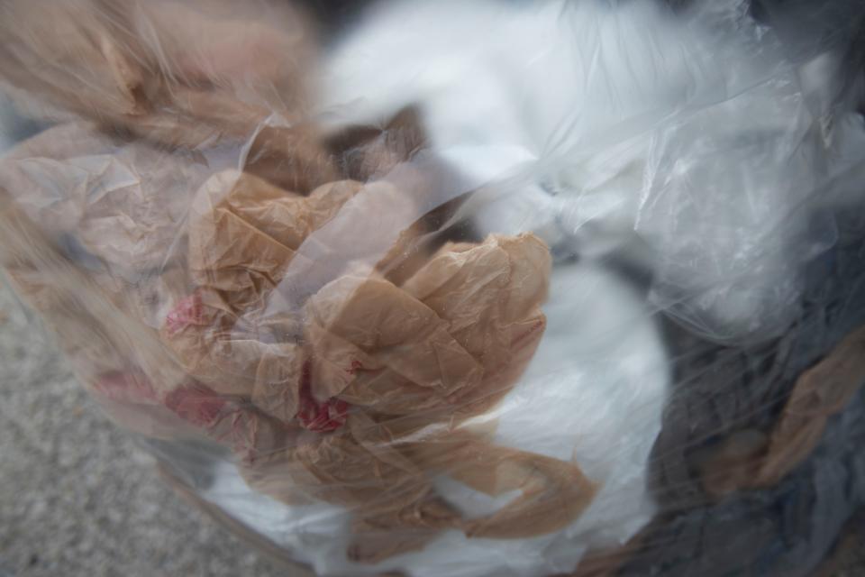 Plastic bags sit in a pile, Thursday, Feb. 1, 2024, at Meijer’s in Lafayette, Ind.