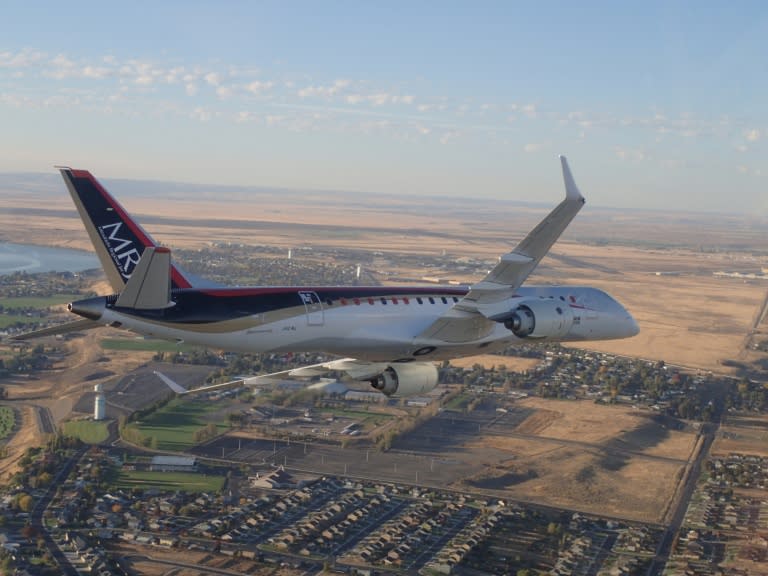 The Mitsubishi Regional Jet passes over Moses Lake on September 28, 2016 in the US state of Washington after flying from Anchorage, Alaska