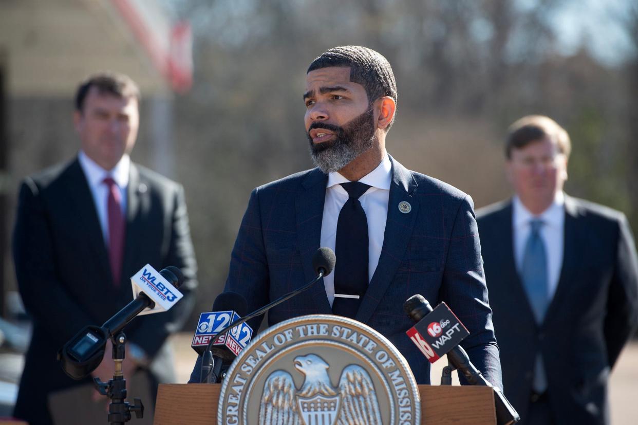 Jackson Mayor Chokwe Antar Lumumba speaks during a press conference regarding Operation Unified, a public safety initiative in Jackson on Feb. 13, 2024. Lumumba thinks the Mississippi Legislature has taken a more than warranted hand in the running of Jackson. 
(Credit: Barbara Gauntt/Clarion Ledger)