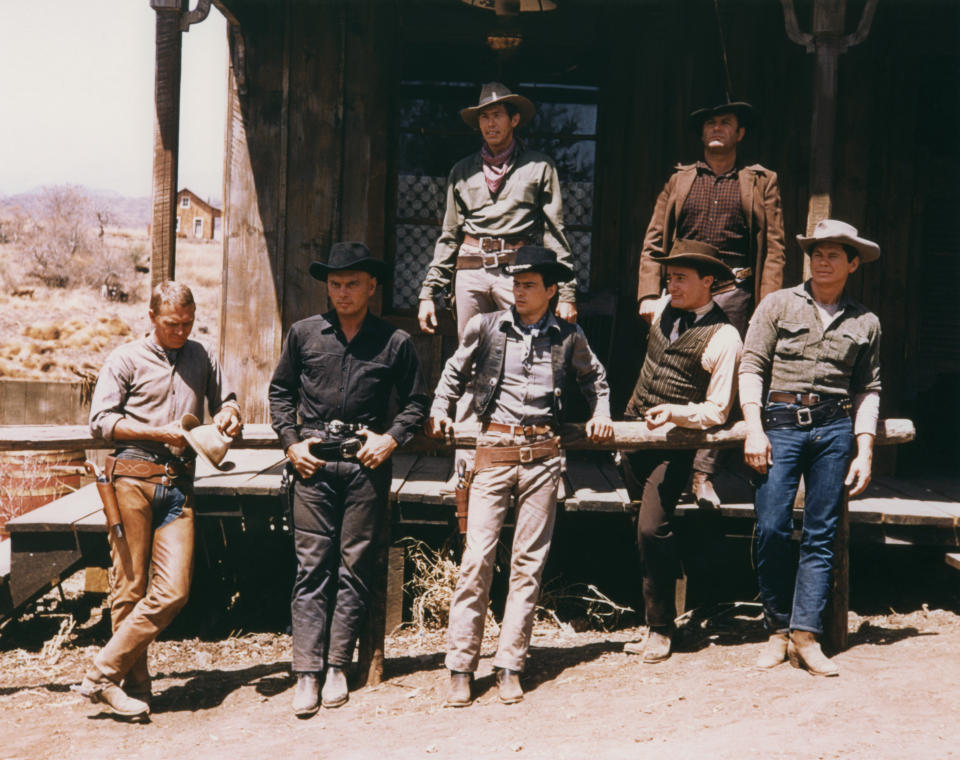 James Coburn, Brad Dexter, Steve McQueen, Yul Brynner, Horst Buchholz, Robert Vaughn and Charles Bronson on the set of The Magnificent Seven, directed by John Sturges. (Photo by United Artists/Sunset Boulevard/Corbis via Getty Images)