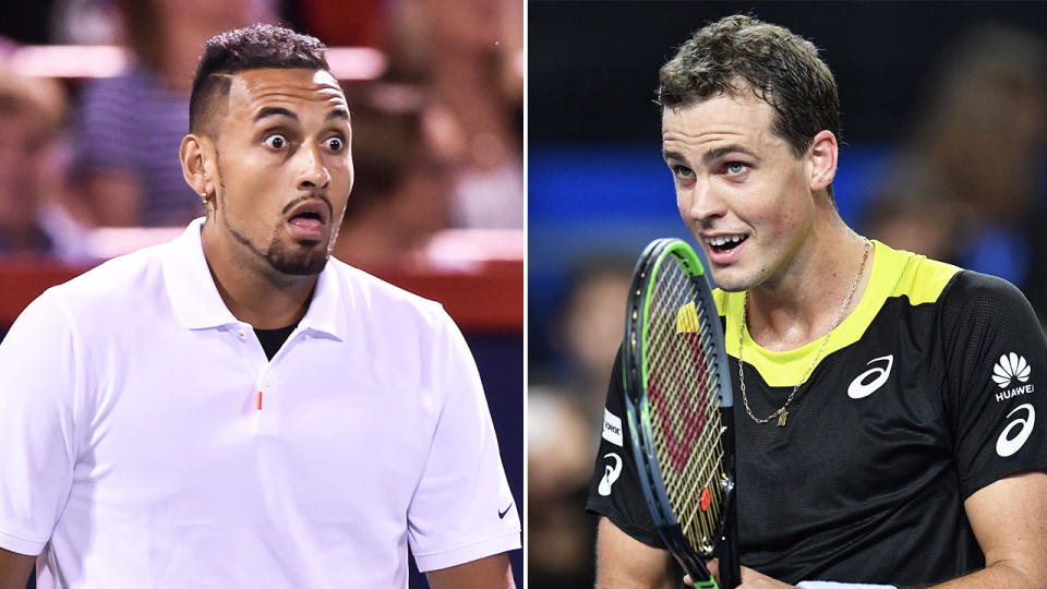 Canadian Vasek Pospisil (pictured right) reacting after a point and Nick Kyrgios (pictured left) looking surprised.