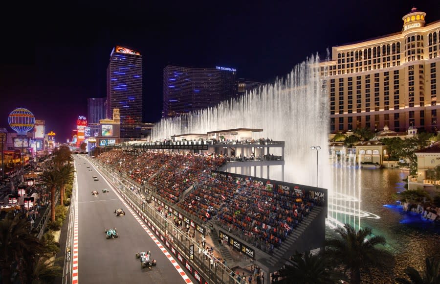 A rendering of the grandstand outside the Fountains of Bellagio that will be erected for the Las Vegas Grand Prix in November 2023. (MGM Resorts)