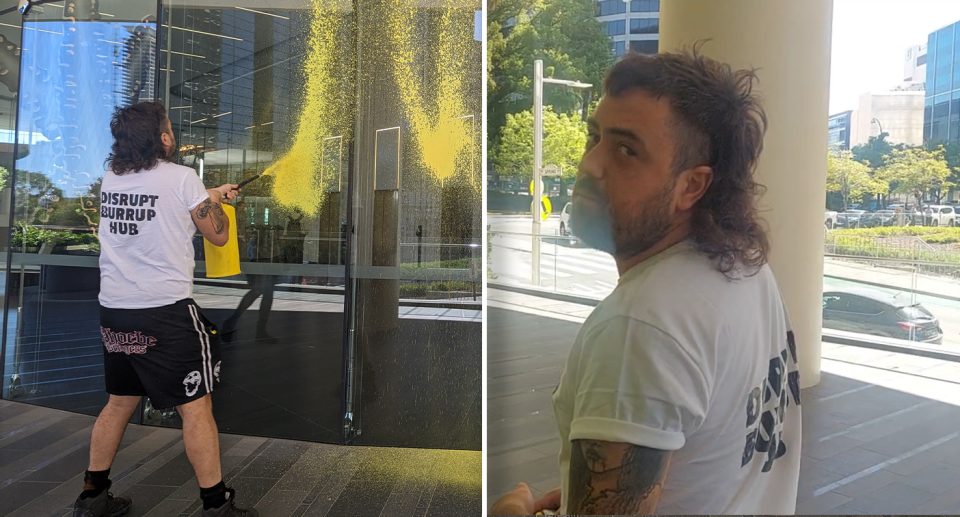 Two images of Trent Rojahn spray painting the Woodside HQ.