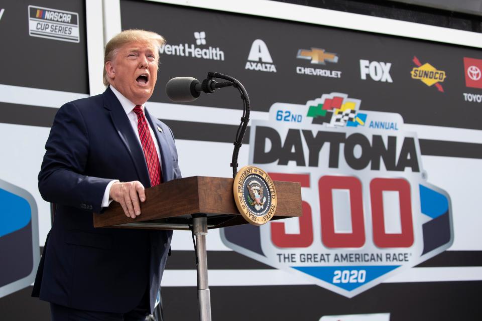 President Donald Trump speaks before the start of the NASCAR Daytona 500 auto race at Daytona International Speedway, Sunday, Feb. 16, 2020, in Daytona Beach, Fla.