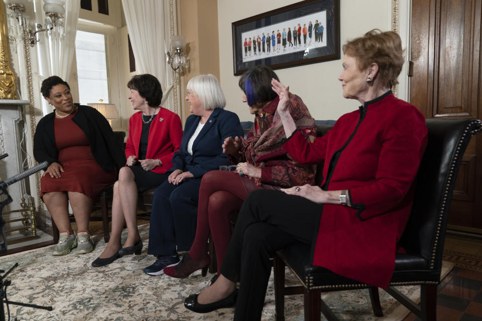 From left, Shalanda Young, the first Black woman to lead the Office of Management and Budget; Senate Appropriations Committee ranking member Sen. Susan Collins, R-Maine; Senate Appropriations Committee chair Sen. Patty Murray, D-Wash.; House Appropriations Committee ranking member Rep. Rosa DeLauro, D-Conn.; and House Appropriations chair Rep. Kay Granger, R-Texas, speak during an interview with The Associated Press at the Capitol in Washington, Thursday, Jan. 26, 2023. It's the first time in history that the four leaders of the two congressional spending committees are women. (AP Photo/Manuel Balce Ceneta)