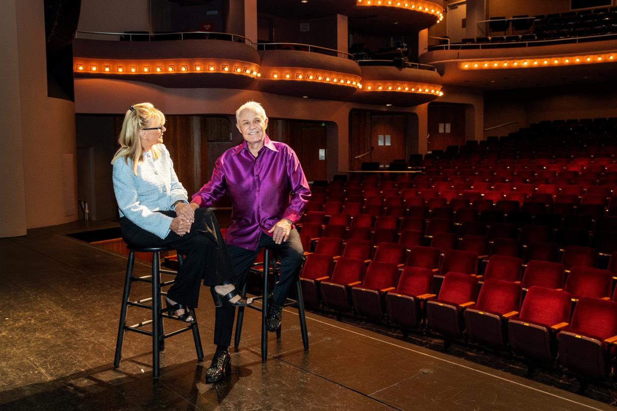 Michael Childers sits for an interview with Sandie Newton of KESQ on stage at the McCallum Theatre in Palm Desert, Calif., on August 30, 2023. Michael Childers' "One Night Only" is returning for its 17th year at the McCallum Theatre benefitting the Barbara Sinatra Children’s Center.