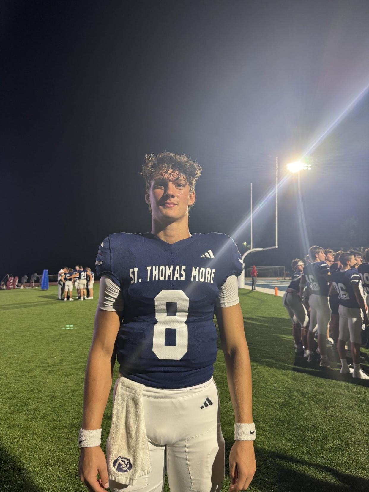 St. Thomas More's Cole Bergeron poses for a photo after playing in the 72nd annual Lafayette Kiwanis High School Football Jamboree at Cougar Stadium on Aug. 29, 2024.