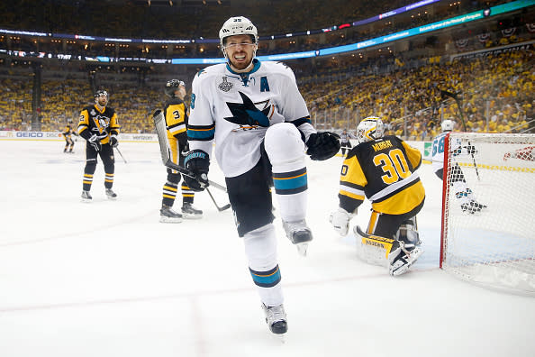 PITTSBURGH, PA - JUNE 09: Logan Couture #39 of the San Jose Sharks celebrates after scoring a goal against Matt Murray #30 of the Pittsburgh Penguins during the first period in Game Five of the 2016 NHL Stanley Cup Final at Consol Energy Center on June 9, 2016 in Pittsburgh, Pennsylvania. (Photo by Justin K. Aller/Getty Images)