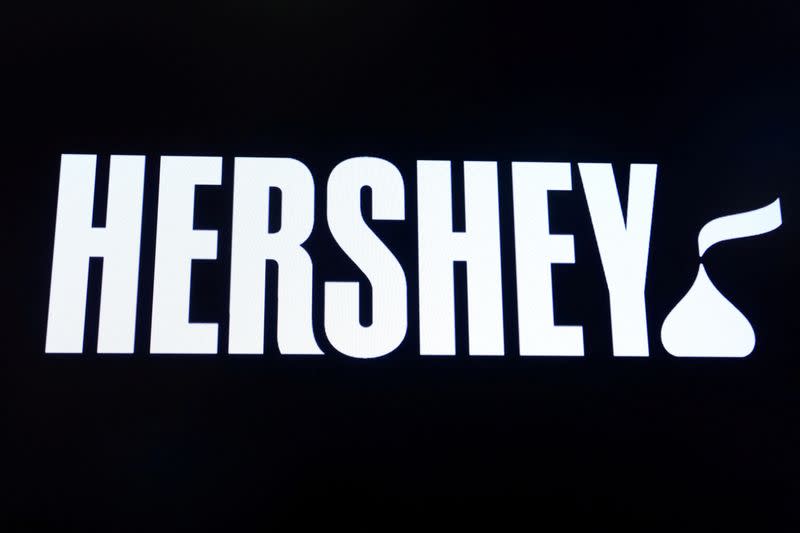 FILE PHOTO: The company logo for Hershey Co. is displayed on a screen on the floor of the NYSE in New York