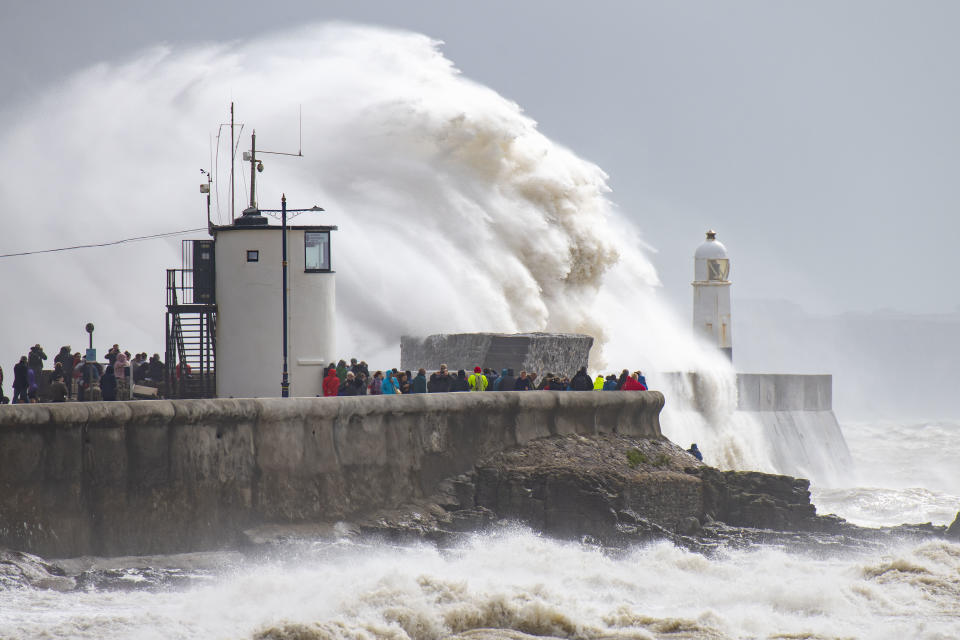 PORTHCAWL, WALES - AUGUST 25: Waves crash against the harbour wall on August 25, 2020 in Porthcawl, Wales. The Met Office have issued a yellow weather warning for wind and rain with gusts of 65mph possible inland and 70mph or more possible around coastal areas as Storm Francis passes over the UK. The storm is the second named storm in August and follows Storm Ellen last week. (Photo by Matthew Horwood/Getty Images)