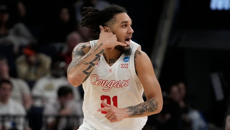 Houston guard Emanuel Sharp celebrates a 3-point basket during game against Texas A&M in the NCAA Tournament, Sunday, March 24, 2024, in Memphis, Tenn.