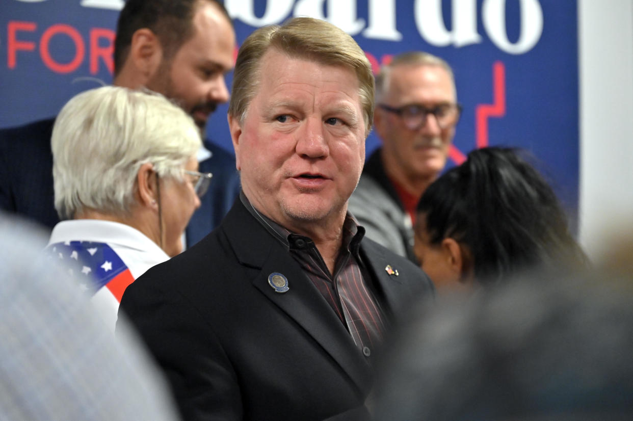 File: Republican candidate for Nevada Secretary of State Jim Marchant talks with attendees at a get out the vote campaign event at the Clark County Republican Party office on November 6, 2022 in Henderson, Nevada.  / Credit: David Becker for The Washington Post via Getty Images