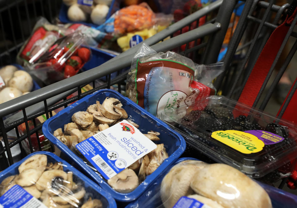 Chelmsford - April 12: Food with near expiration dates, to be donated, at the Hannaford grocery store in Chelmsford, MA on April 12, 2021. The Hannaford grocery chain has gone zero waste. (Photo by Jim Davis/The Boston Globe via Getty Images)