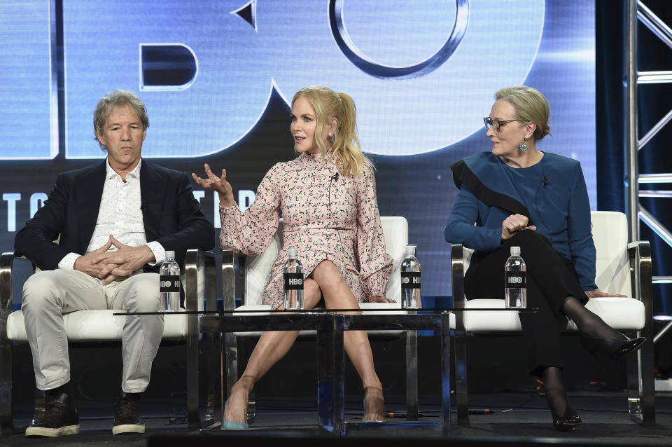 David E. Kelley, from left, Nicole Kidman and Meryl Streep participate in the "Big Little Lies" panel during the HBO portion of the TCA Winter Press Tour on Friday, Feb. 8, 2019, in Pasadena, Calif. (Photo by Richard Shotwell/Invision/AP)