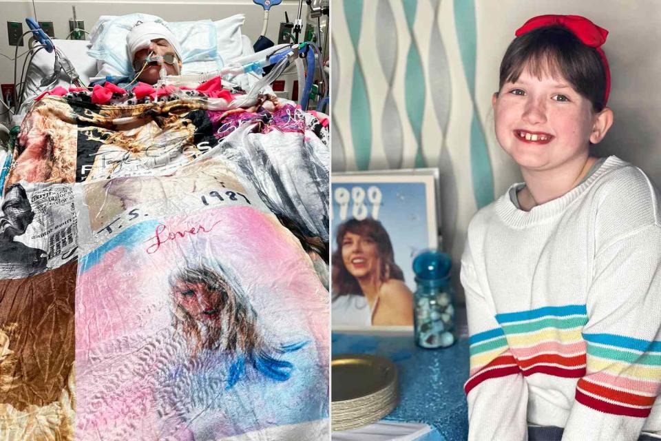 <p>Meghan Mayer</p> Kennedy Mayer in a medically induced coma, covered with her Taylor Swift themed blanket.