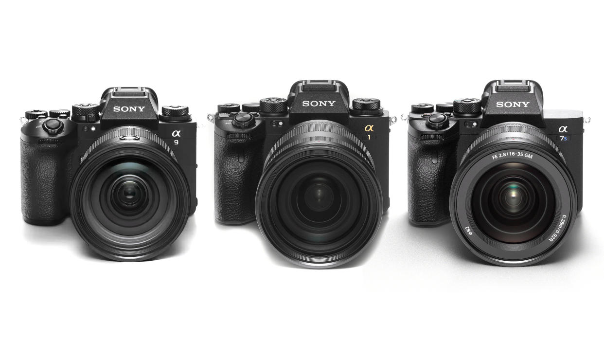  Sony A9 III, Sony A1 and Sony A7S III against a white background. 