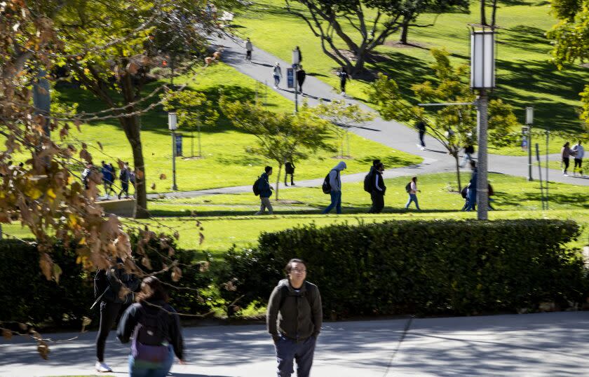 IRVINE, CA - FEBRUARY 4, 2020: Students walk to-and-from classes at UC Irvine on February 4, 2020 in Irvine, California. The University of California showed a slight decrease in freshman applications, but UC Irvine is the most popular campus for California applicants.(Gina Ferazzi/Los AngelesTimes)