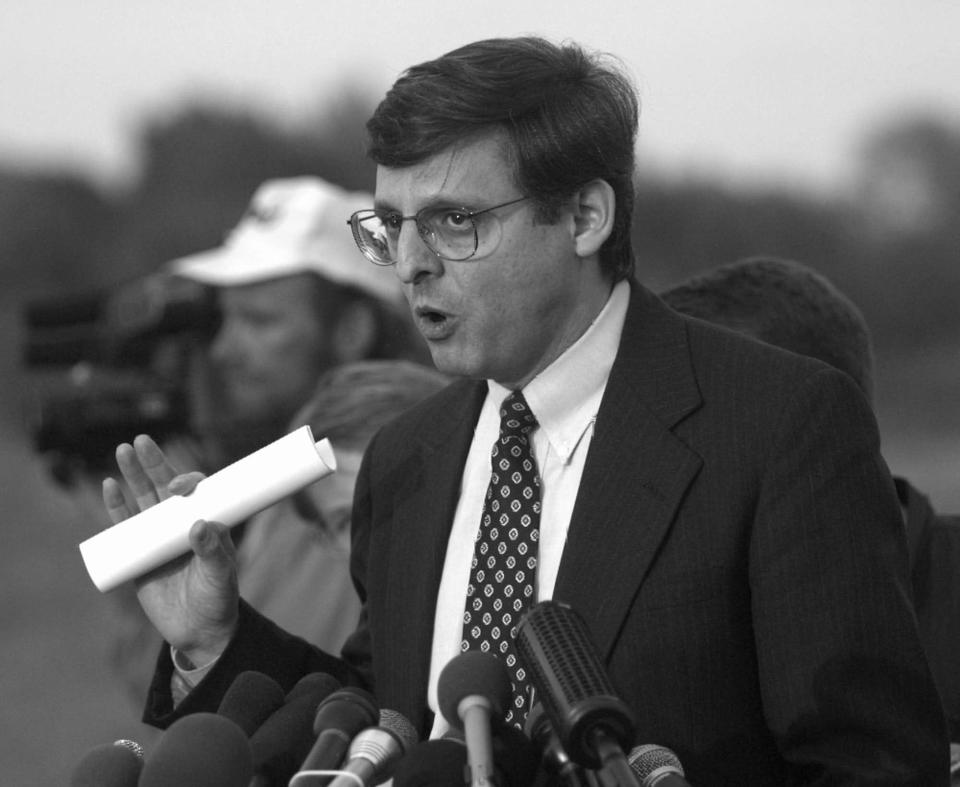 In this April 27, 1995, photo, Merrick Garland speaks to the media following the hearing of Oklahoma City bombing suspect Timothy McVeigh in El Reno.