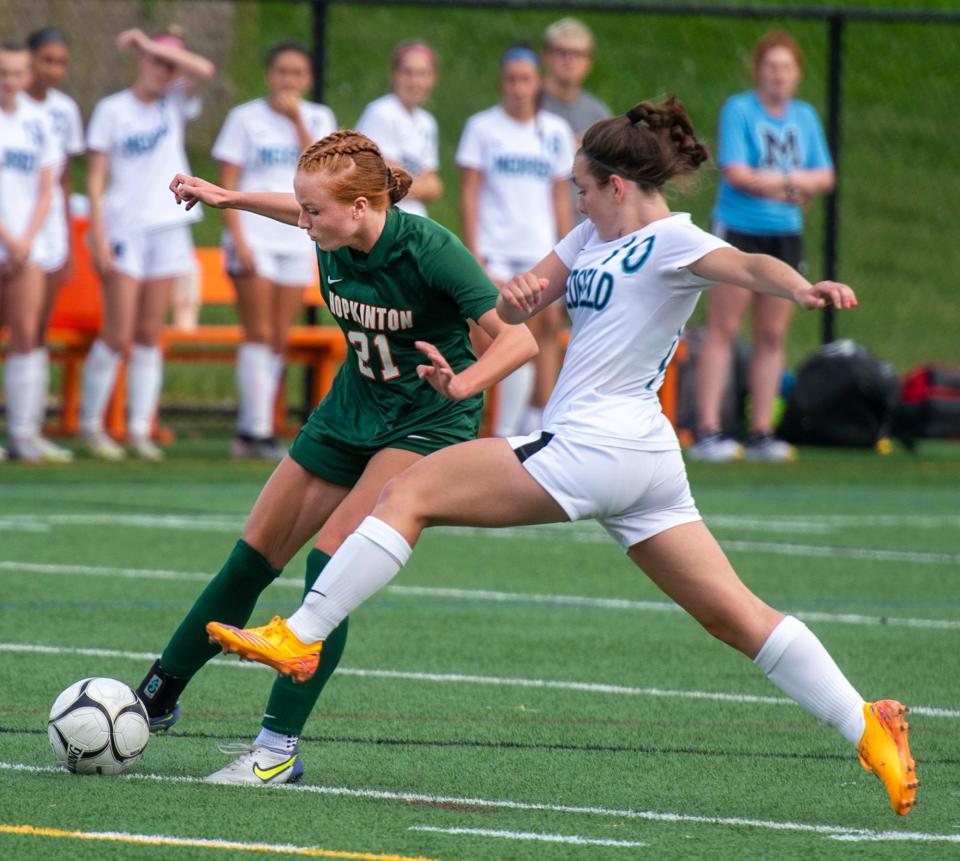 Hopkinton High School senior Georgie Clarke, left, and Medfield junior Ella Mulready vie for the ball, Sept. 12, 2023.