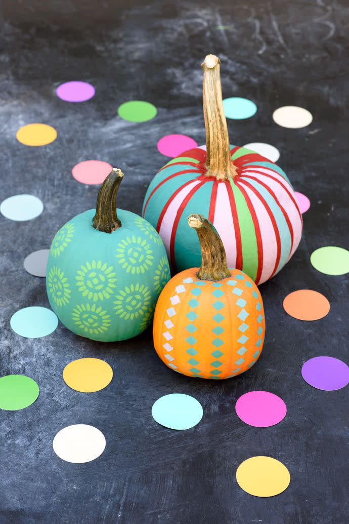 <p class="MsoNormal">Vibrant decor chalk paint and adhesive stencils yield some pretty groovy pumpkins in this DIY. </p><p class="MsoNormal">Get the tutorial at <a href="http://www.handmadecharlotte.com/painted-mini-pumpkin-patch/" rel="nofollow noopener" target="_blank" data-ylk="slk:Handmade Charlotte;elm:context_link;itc:0;sec:content-canvas" class="link ">Handmade Charlotte</a>.</p>
