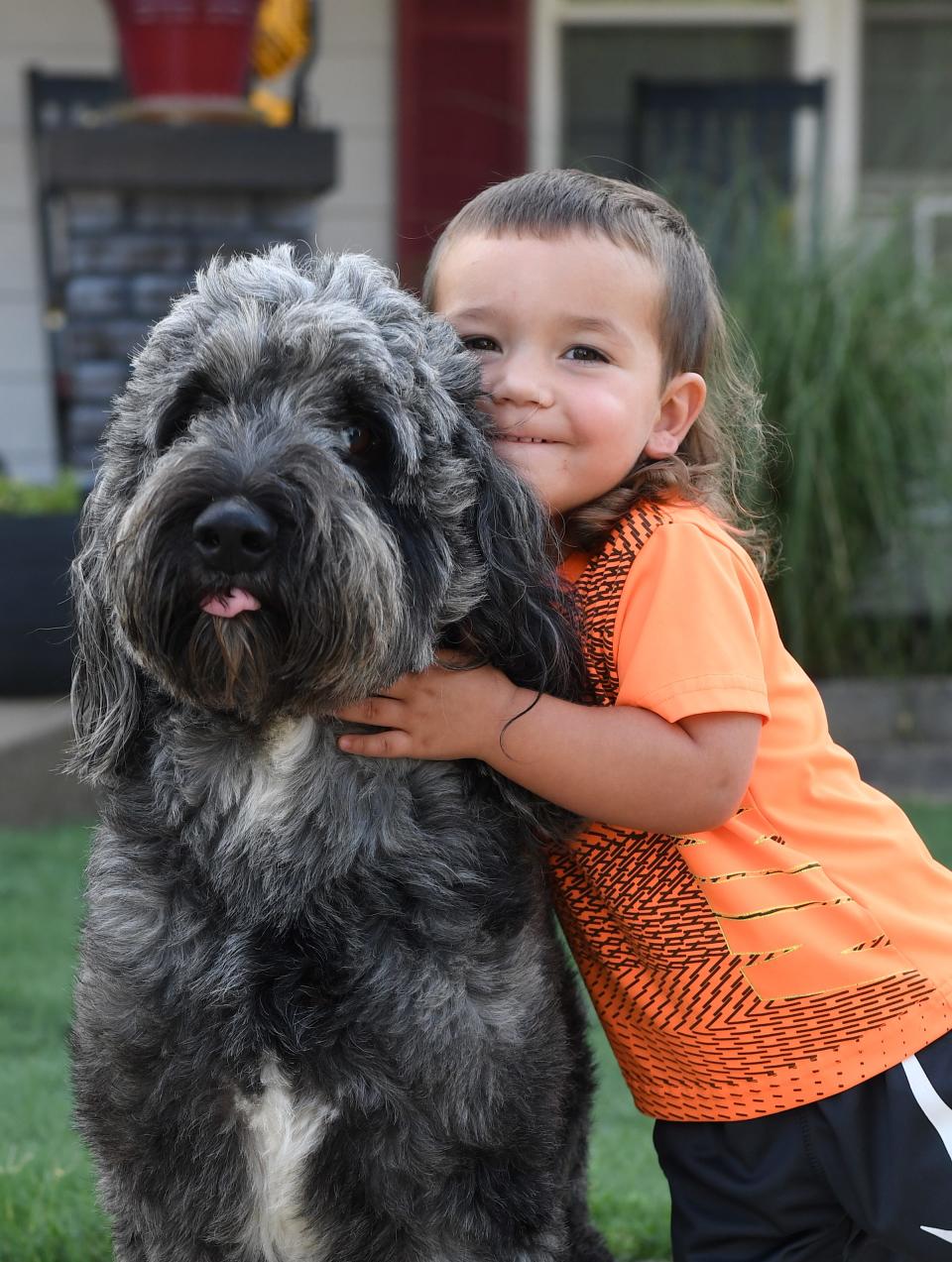 "Harley", a Labradoodle mix breed, gets a hug from Hudson Shrum early in the morning. Dogs and people alike, need to stay safe as temperatures bounce around the 100-degree mark.