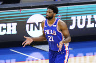 Philadelphia 76ers' Joel Embiid reacts after making a three-pointer during the second half of Game 5 in a second-round NBA basketball playoff series against the Atlanta Hawks, Wednesday, June 16, 2021, in Philadelphia. (AP Photo/Matt Slocum)