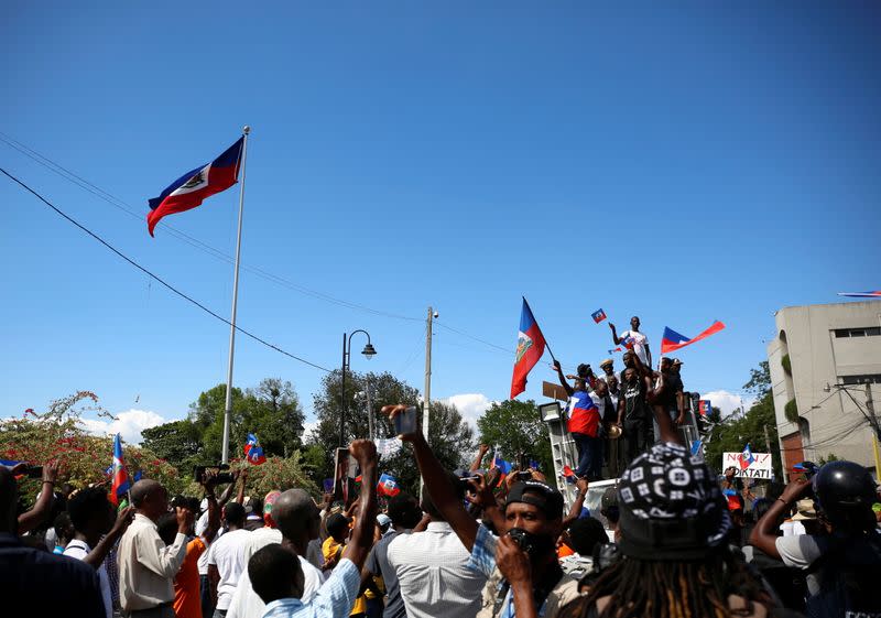 Demonstrators gather during a protest against the government of President Jovenel Moise, in Port-au-Prince