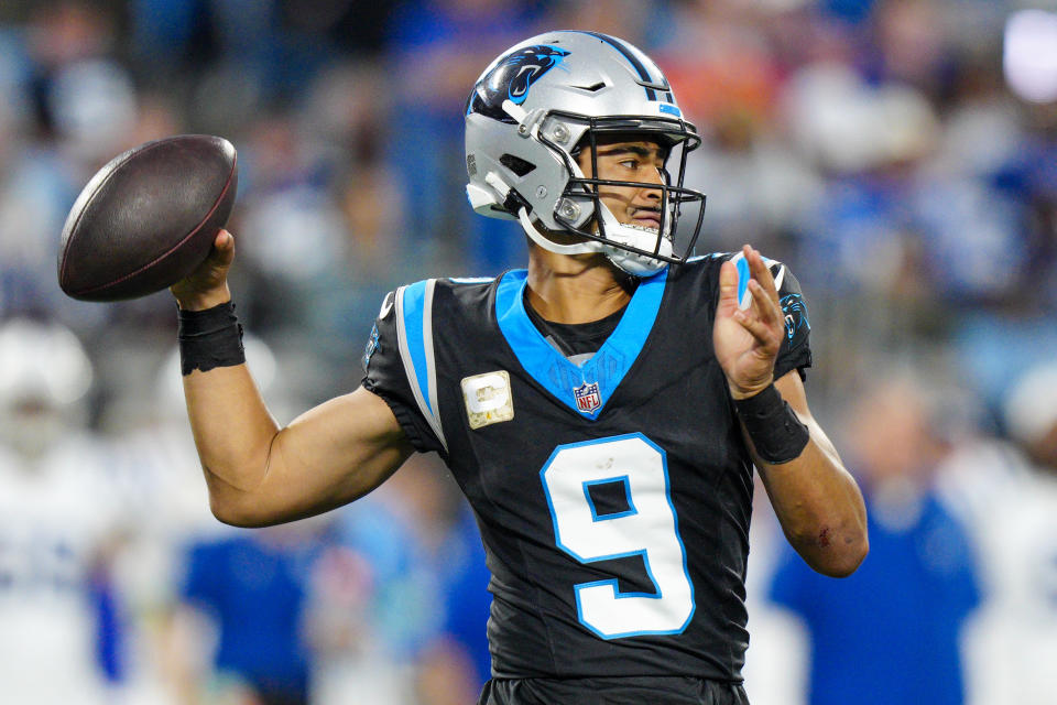 Carolina Panthers quarterback Bryce Young passes against the Indianapolis Colts during the first half of an NFL football game Sunday, Nov. 5, 2023, in Charlotte, N.C. (AP Photo/Jacob Kupferman)