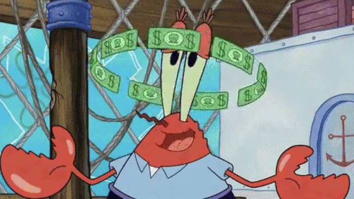 Mr. Krabs from "SpongeBob" with money floating around his head