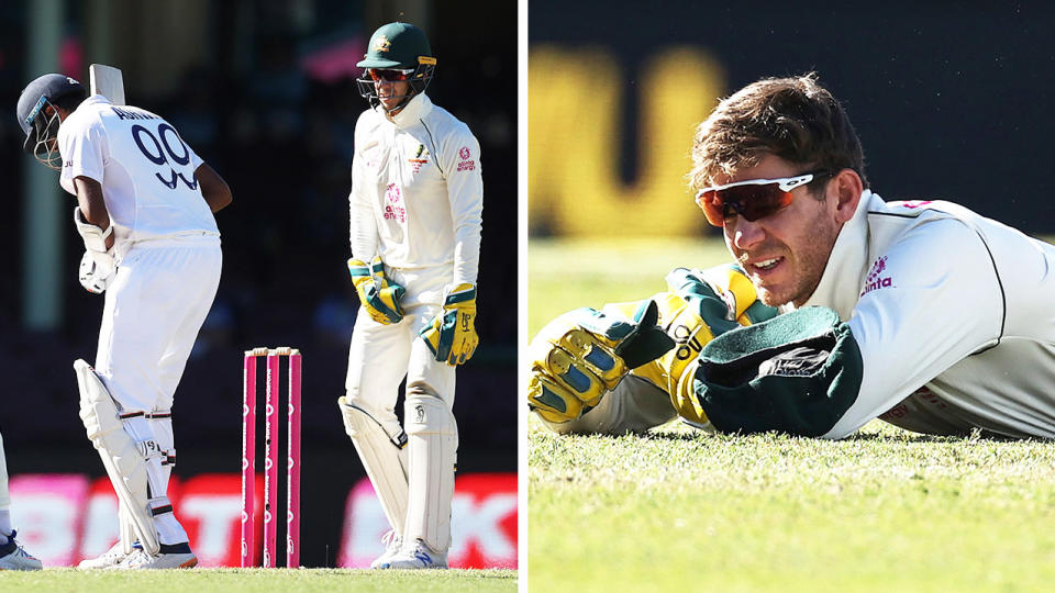 Tim Paine (pictured right) on the ground after a dropped catch and Ravi Aswin (pictured left) talking with Paine.
