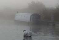 <p>Nachdem die Temperaturen über Nacht stark gefallen sind, gleitet ein Schwan im Morgennebel entlang des Forth and Clyde Canal in Falkirk, Schottland. (Bild: Andrew Milligan/PA Images via Getty Images) </p>