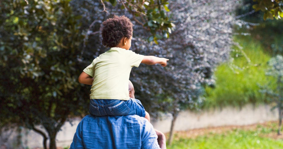 A child sits on an adult’s shoulders pointing forward in an outdoor park with trees in the background