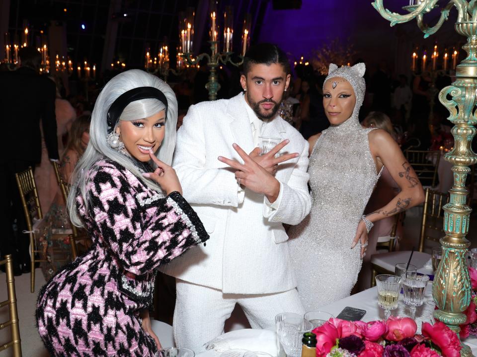 Cardi B, Bad Bunny, and Doja Cat pose inside the 2023 Met Gala.