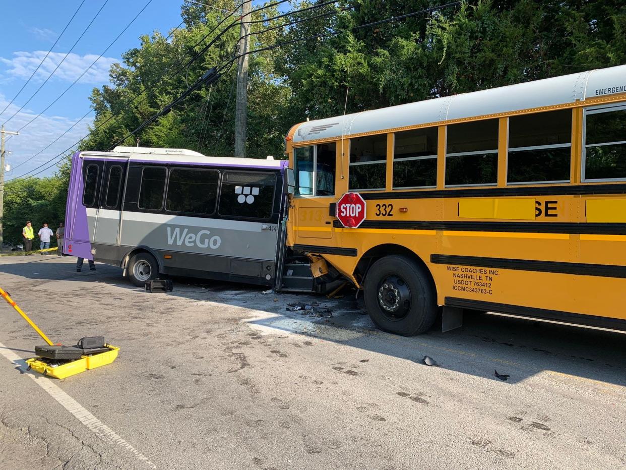 A WeGo bus and school bus for RePublic Charter school bus collided head-on in the 3000 block of Elm Hill Pike resulting in seven injuries Tuesday, Aug. 29. 2023.
