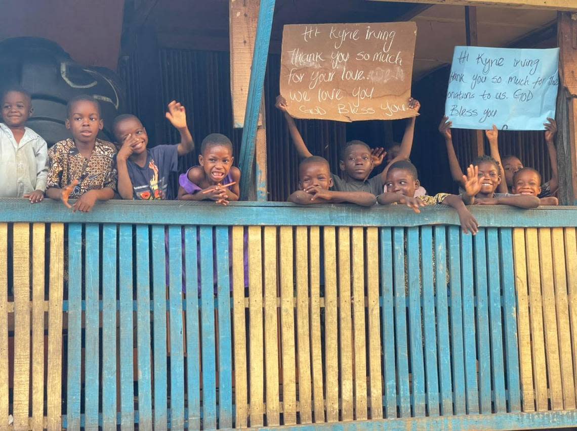 Students thanking Kyrie Irving at the Part of Solution Nursery and Primary School in Lagos, Nigeria.